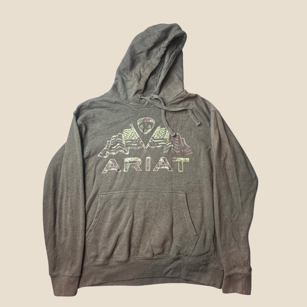 Ariat Hoodie Mens L Basic Hoodie Swtshrt Olive Green Camo Flag Graphic Pullover